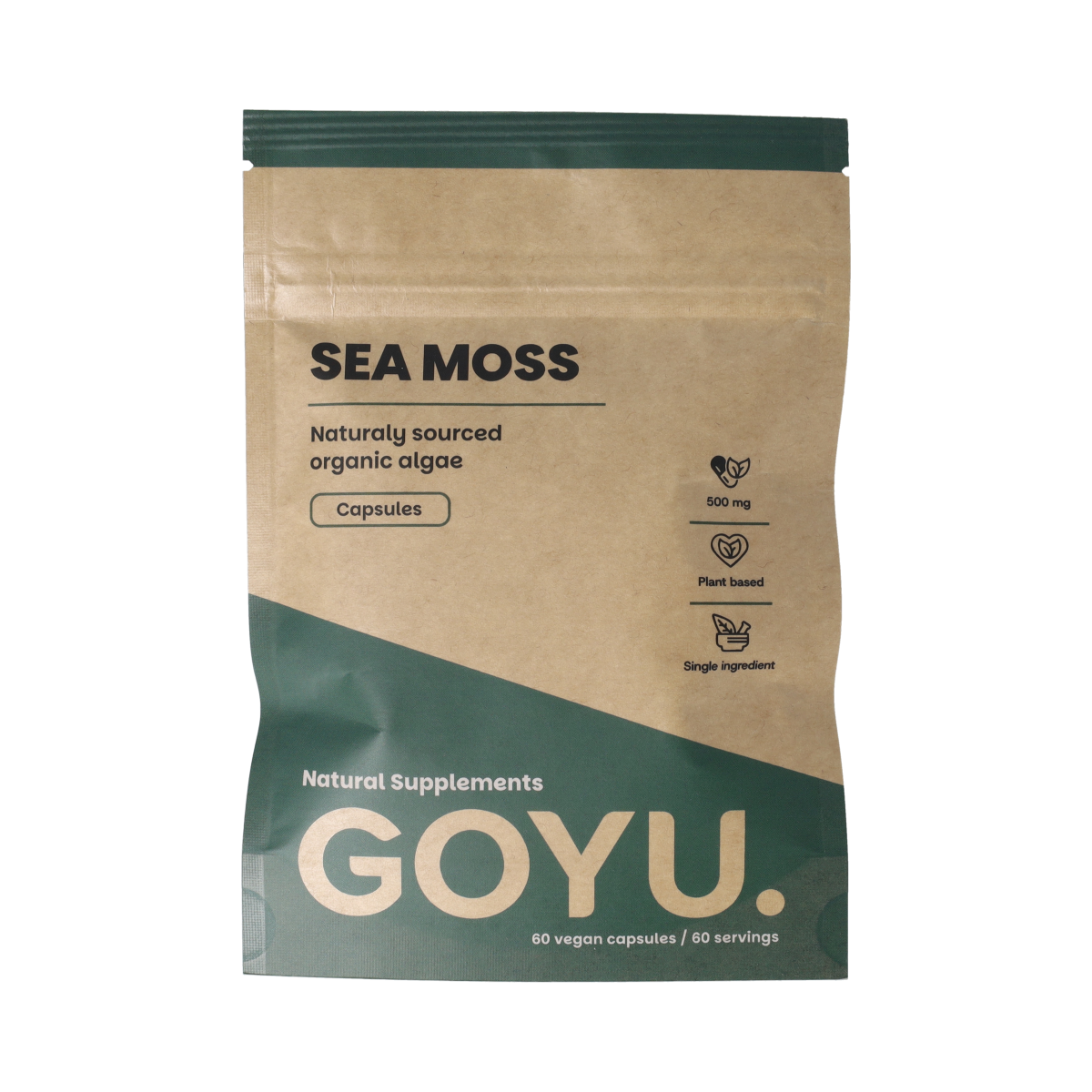 Goyu Iers Zeemos bio herbal supplement capsules, natural kruidpreparaten in a transparent container showing green capsules.