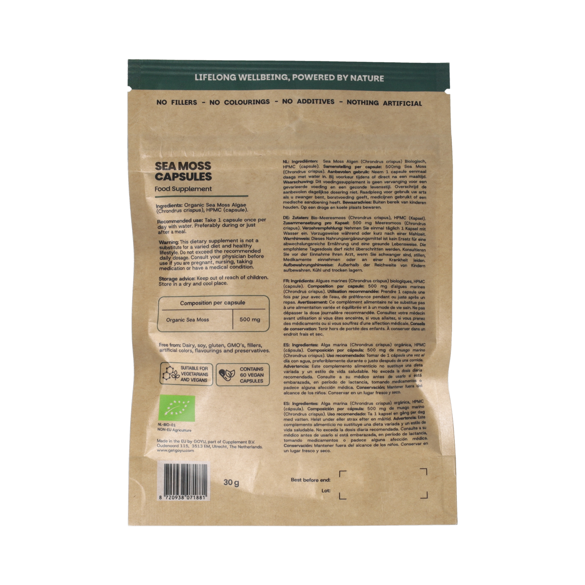 Goyu Iers Zeemos bio herbal supplement capsules in a bottle, featuring natural ingredients for health support.