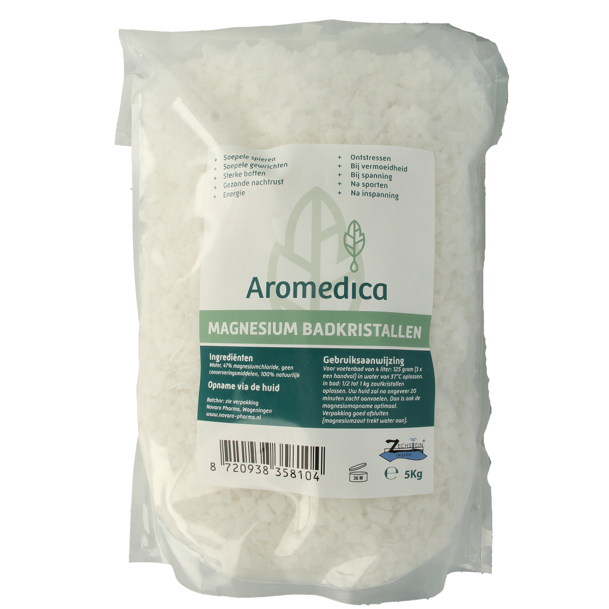 Aromedica magnesium bath crystals in a 5kg bag, designed for relaxing bath and shower use with natural mineral ingredients.