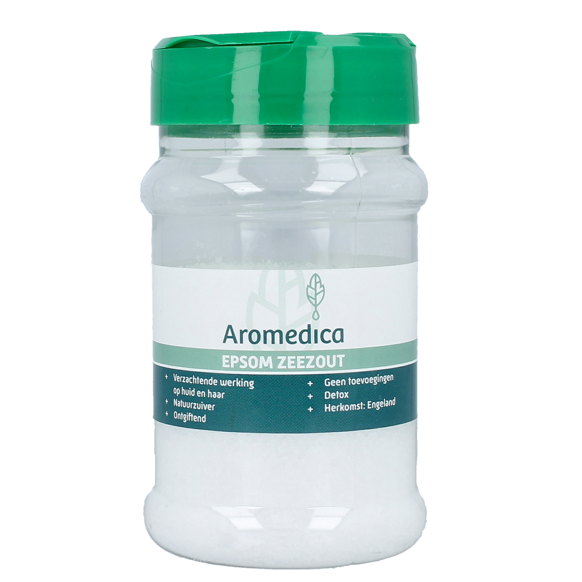 Aromedica Epsom zout 200g in a clear bag, featuring natural herbal and salt mix for bath and relaxation purposes.