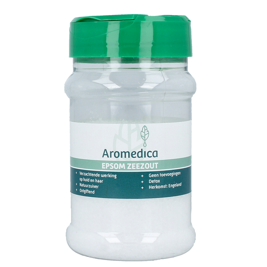 Aromedica Epsom zout 200g in a clear container, surrounded by herbs and spices, highlighting herbal and culinary salt blend.