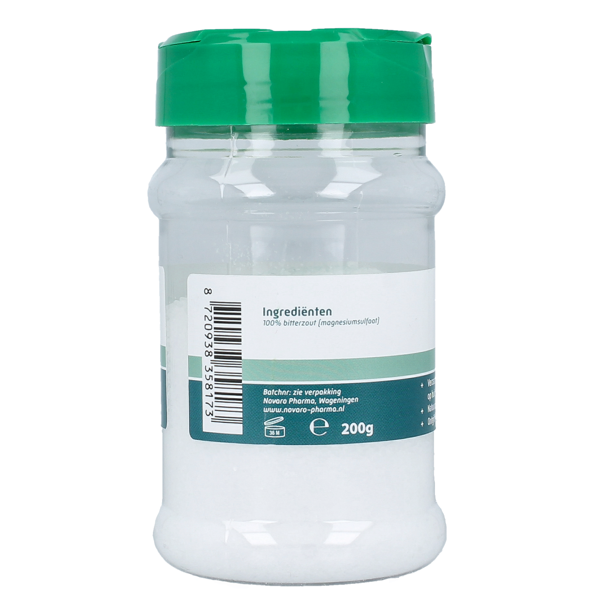 Aromedica Epsom zout 200g, herbal bath salt in a clear container with herbs and natural ingredients.