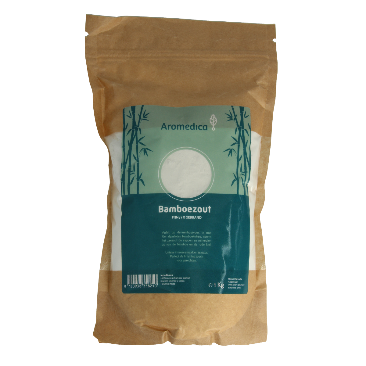 Aromedica Bamboezout 1000g bad en douche with bamboo scent, showing a large white container and bamboo imagery.