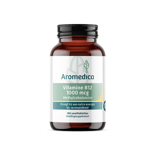 Aromedica Vitamin B12 1000mcg supplement in orange flavor smelttabletten, featuring the Aromedica brand packaging.