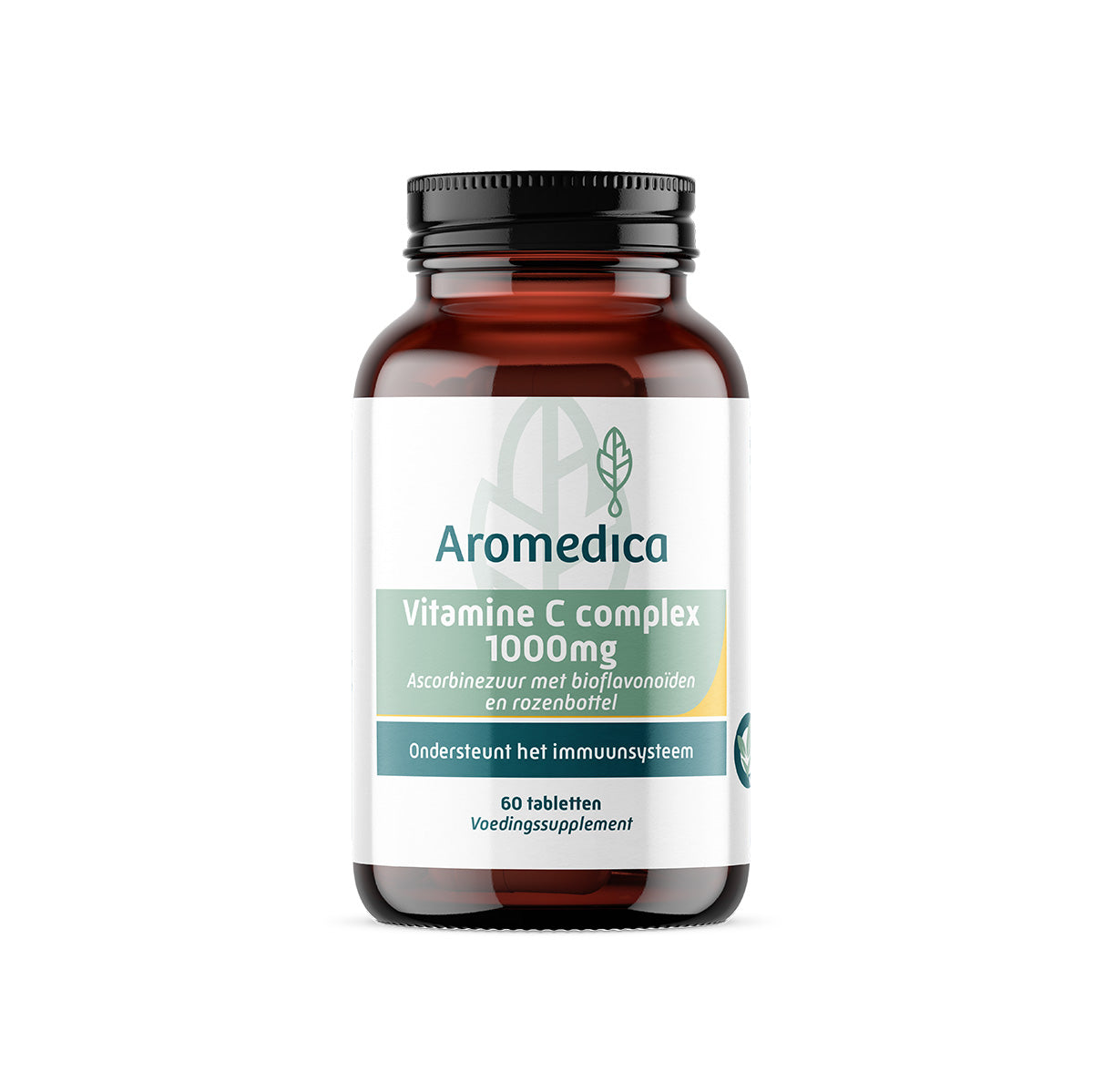Aromedica Vitamin C complex 1000mg with bioflavonoids in a bottle of 60 tablets, showing the supplement tablets and label.