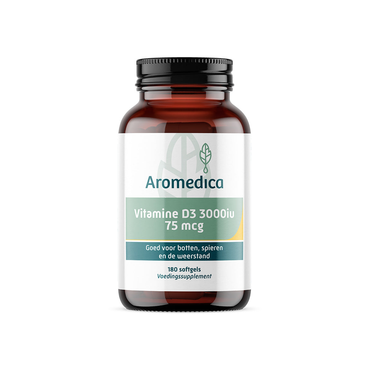 Aromedica Vitamin D3 75mcg softgels bottle, dietary supplement for bone health and immune support.