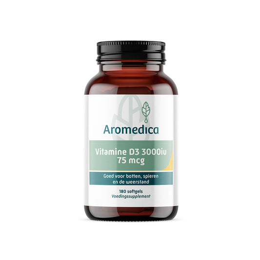 Aromedica Vitamin D3 75mcg softgels bottle, dietary supplement for bone health and immune support.