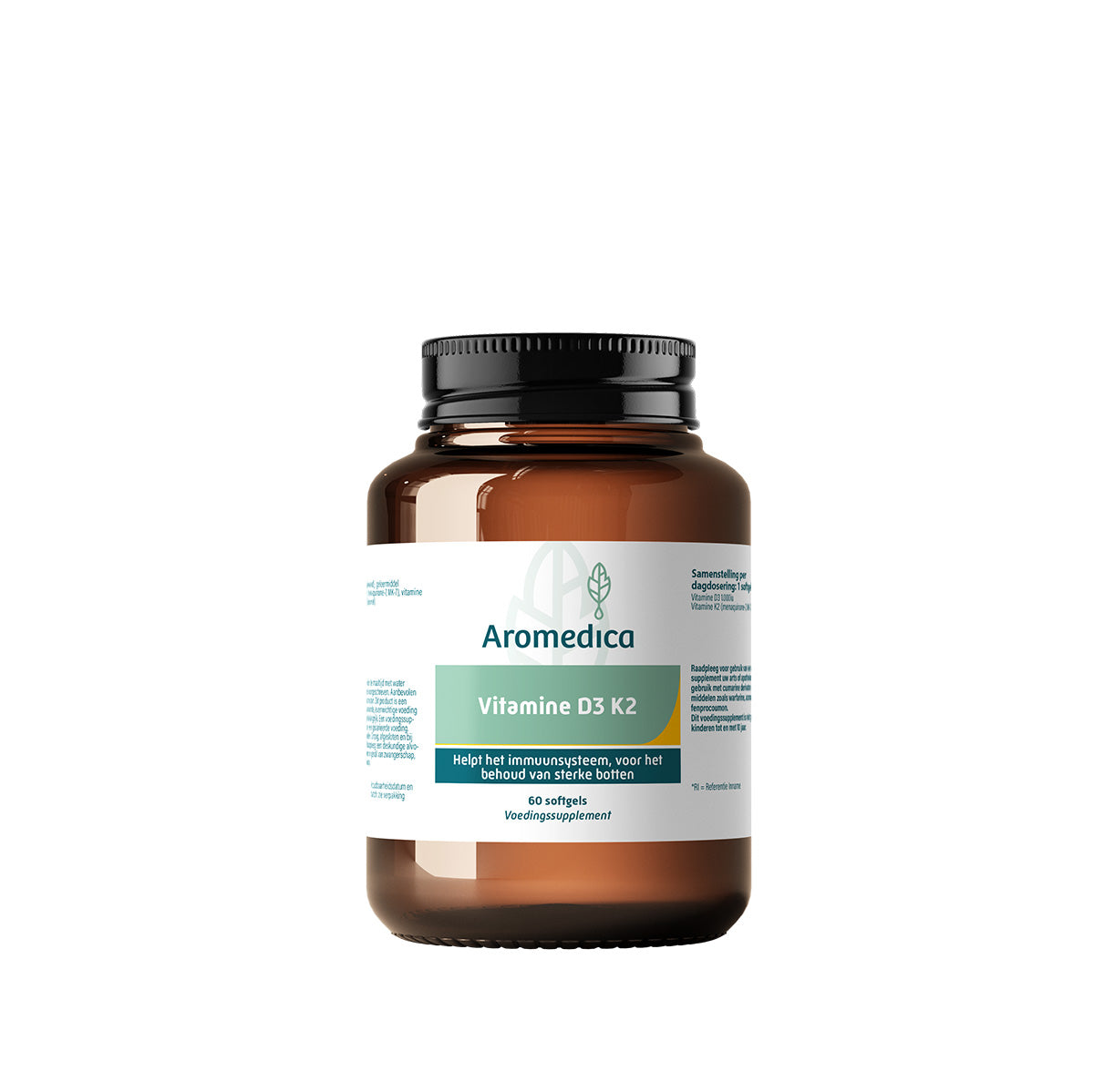 Aromedica Vitamine D3 K2 softgels in a white bottle, supplement for bone health and immune support, labeled with product details.