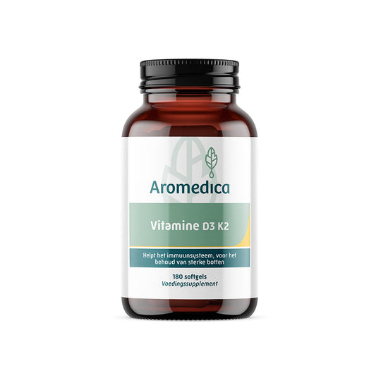 Aromedica Vitamin D3 K2 softgels in a bottle, supplement for immune support and bone health.