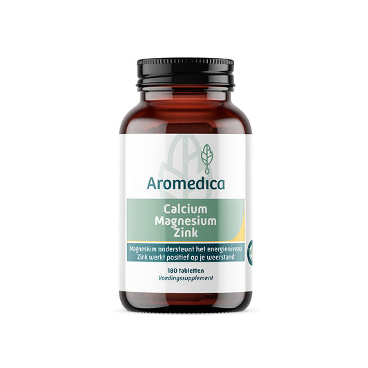 Aromedica Calcium, Magnesium, Zinc mineral supplement tablets in a bottle, dietary supplement for bone and immune health
