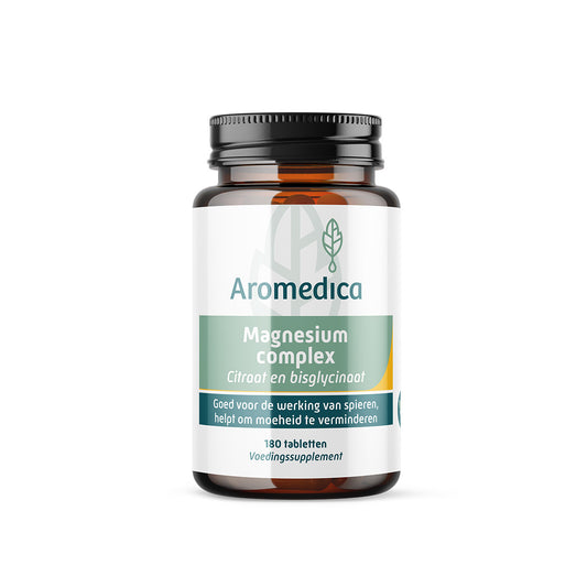 Aromedica Magnesium Complex mineral supplement with 180 tablets, showing the bottle and label details.