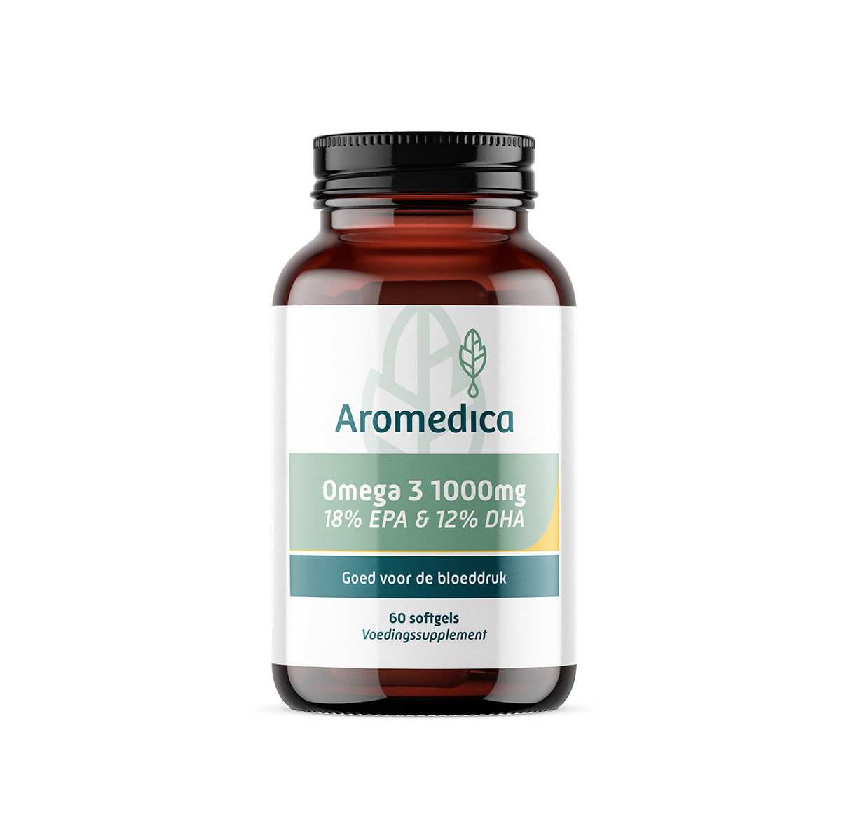 Aromedica Omega 3 Vetzuren softgels with 18% EPA and 12% DHA, 1000mg each, arranged in a bottle on a white background.