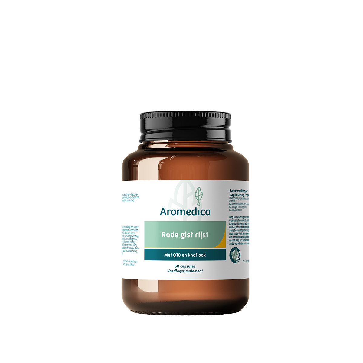 Aromedica Rode Gist Rijst & Q10 & Knoflook capsules in a bottle, herbal supplement from Aromedica, 60 capsules.