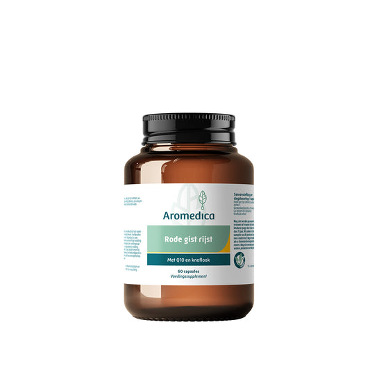 Aromedica Rode Gist Rijst & Q10 & Knoflook capsules in a bottle, herbal supplement from Aromedica, 60 capsules.