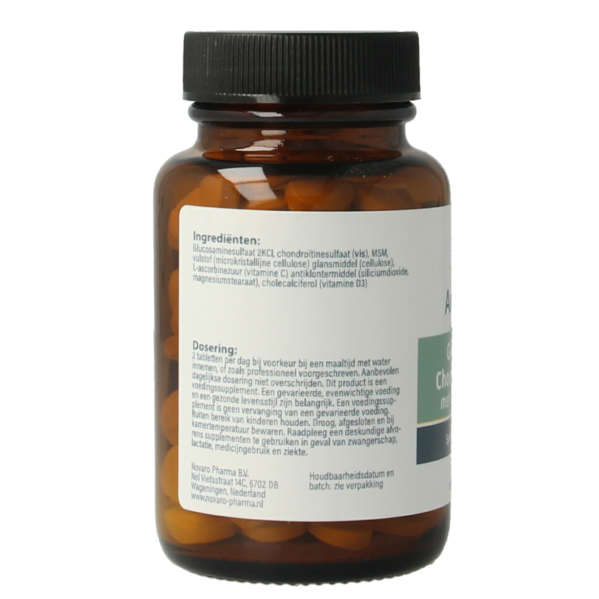 Aromedica Glucosamine chondroitine MSM mineral supplement tablets, 60 count, in a bottle with label showing product details.