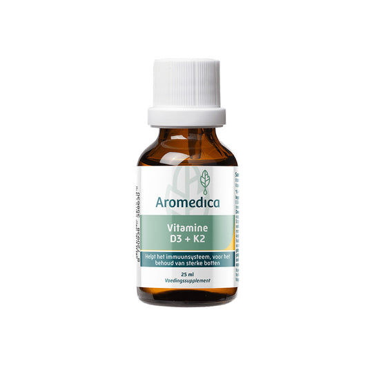 Aromedica Vitamine D3 K2 drops in a 25ml bottle, supplement with natural ingredients for vitamin support.