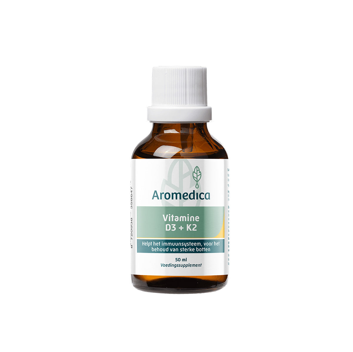 Aromedica Vitamin D3 K2 drops in a 50ml bottle, supplement for immune support and bone health, with dropper cap visible.