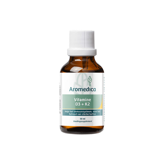 Aromedica Vitamin D3 K2 drops in a 50ml bottle, supplement for immune support and bone health, with dropper cap visible.