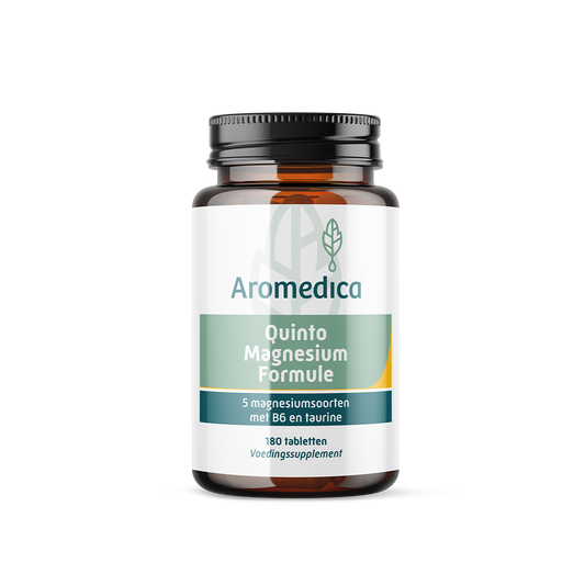Aromedica Magnesium Formule Quinto mineral supplement in a bottle of 180 tablets, showing the supplement packaging.