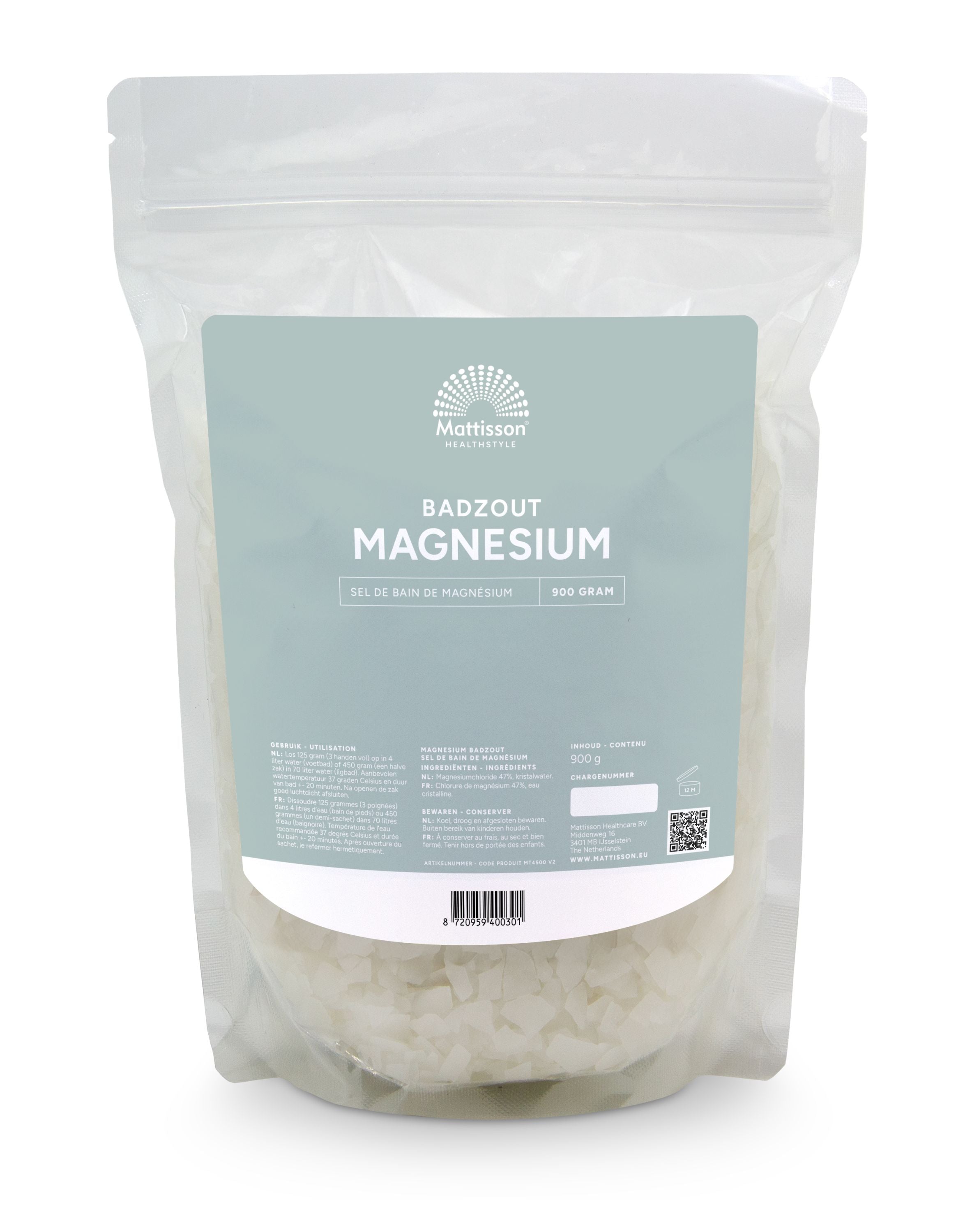 Mattisson Magnesium bath and shower salt in a 900g container, showing the product label and salt crystals.