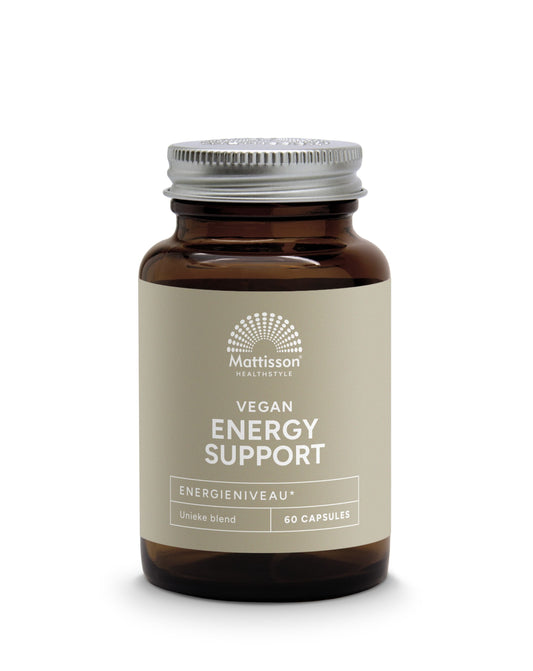 Mattisson Energy Support supplement bottle with 60 capsules, dietary supplement and herbal preparation for natural energy.