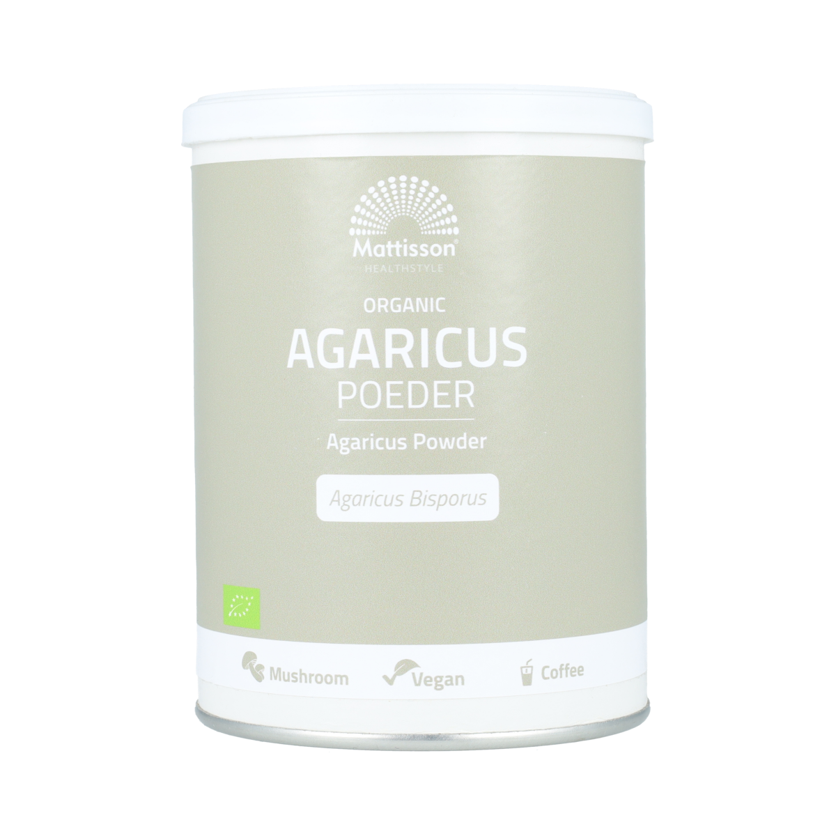 Organic Mattisson Agaricus mushroom powder in a 200g package, part of herbal preparations, shown in the image.