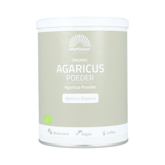 Organic Mattisson Agaricus mushroom powder in a 200g package, part of herbal preparations, shown in the image.