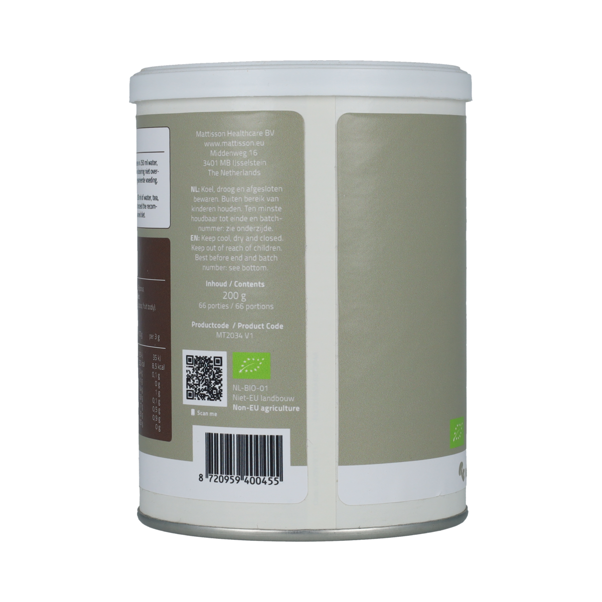 Organic Mattisson Agaricus mushroom powder in a 200g package, shown in a natural, close-up view of the product container.