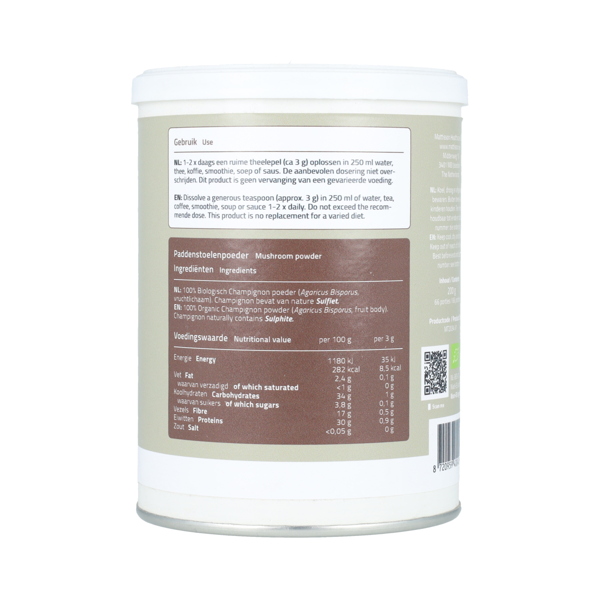 Organic Mattisson Agaricus mushroom powder in a 200g package, part of herbal preparations, shown in the image.