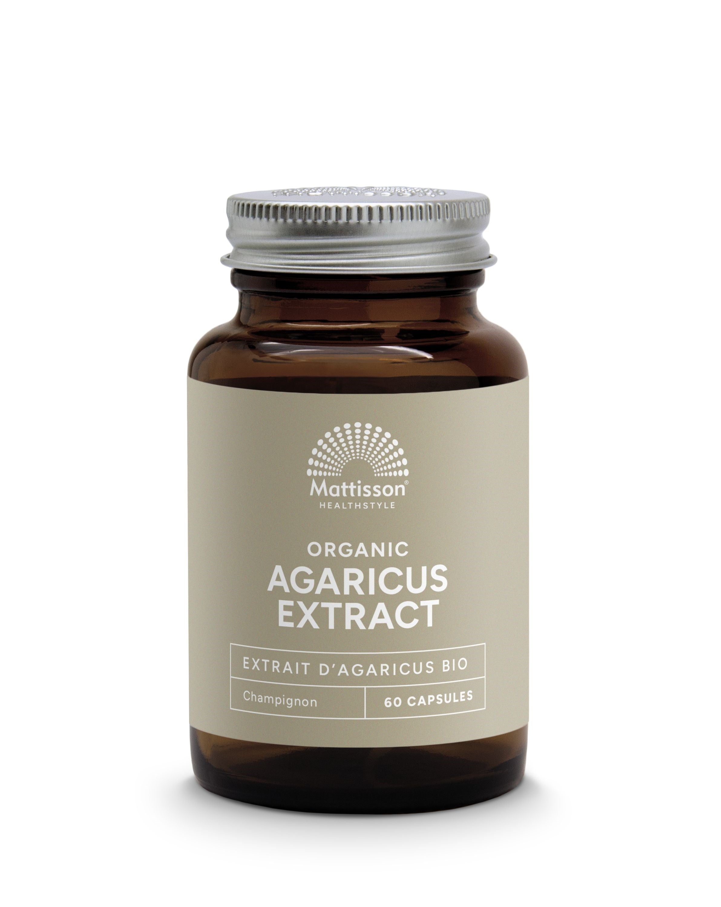 Mattisson Agaricus extract capsules, 400mg bio, natural herbal supplement in a bottle with 60 capsules.