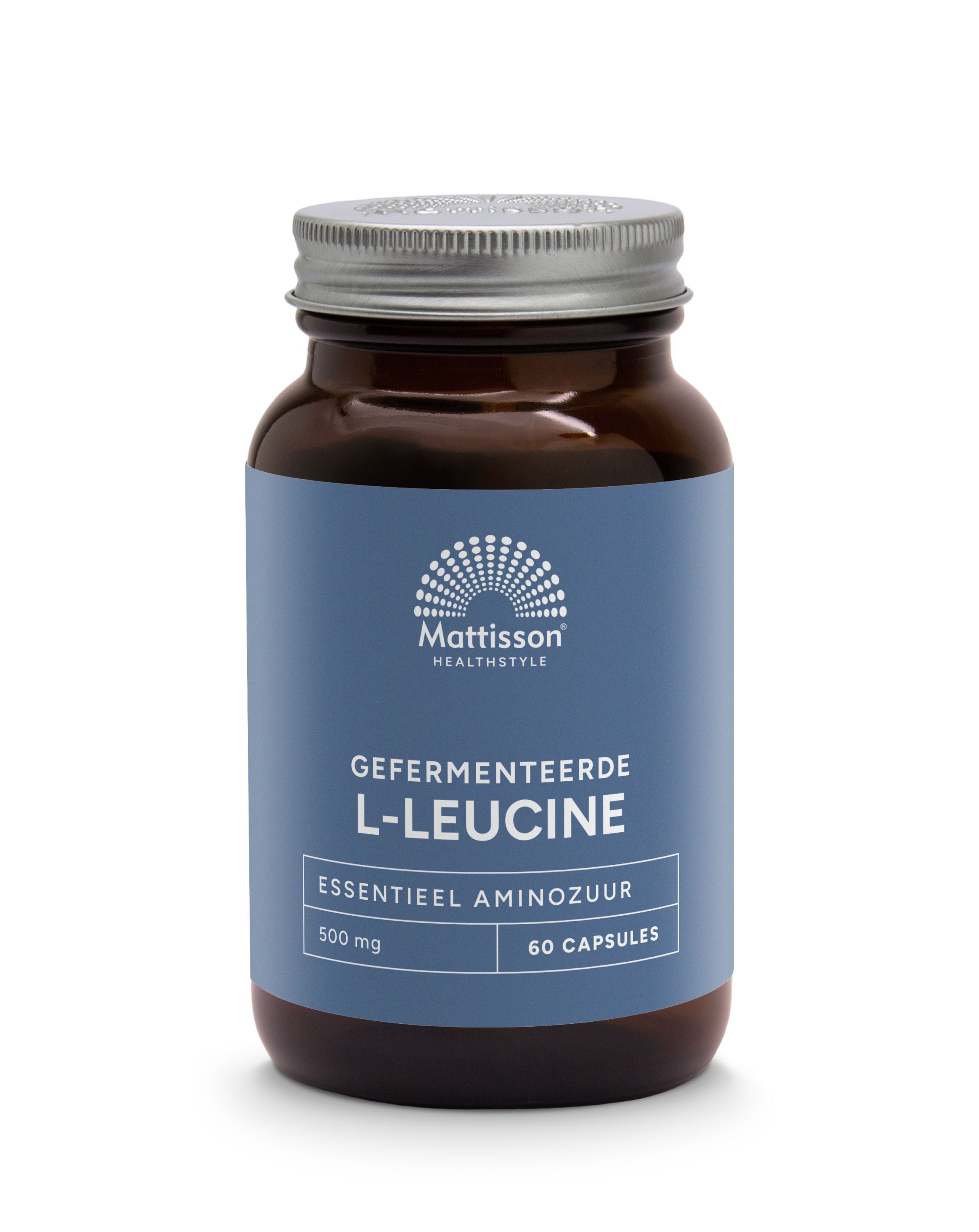 Vegetarian capsules of Mattisson Gefermenteerde L-Leucine 500mg, dietary amino acid supplement in clear bottle with label