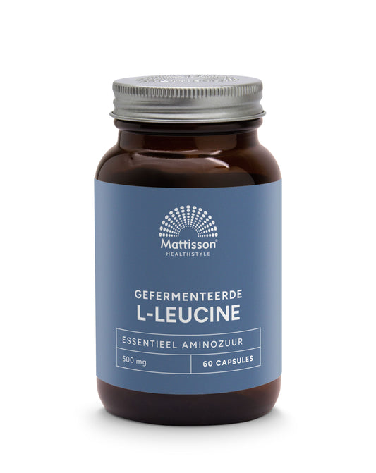 Vegetarian capsules of Mattisson Gefermenteerde L-Leucine 500mg, dietary amino acid supplement in clear bottle with label