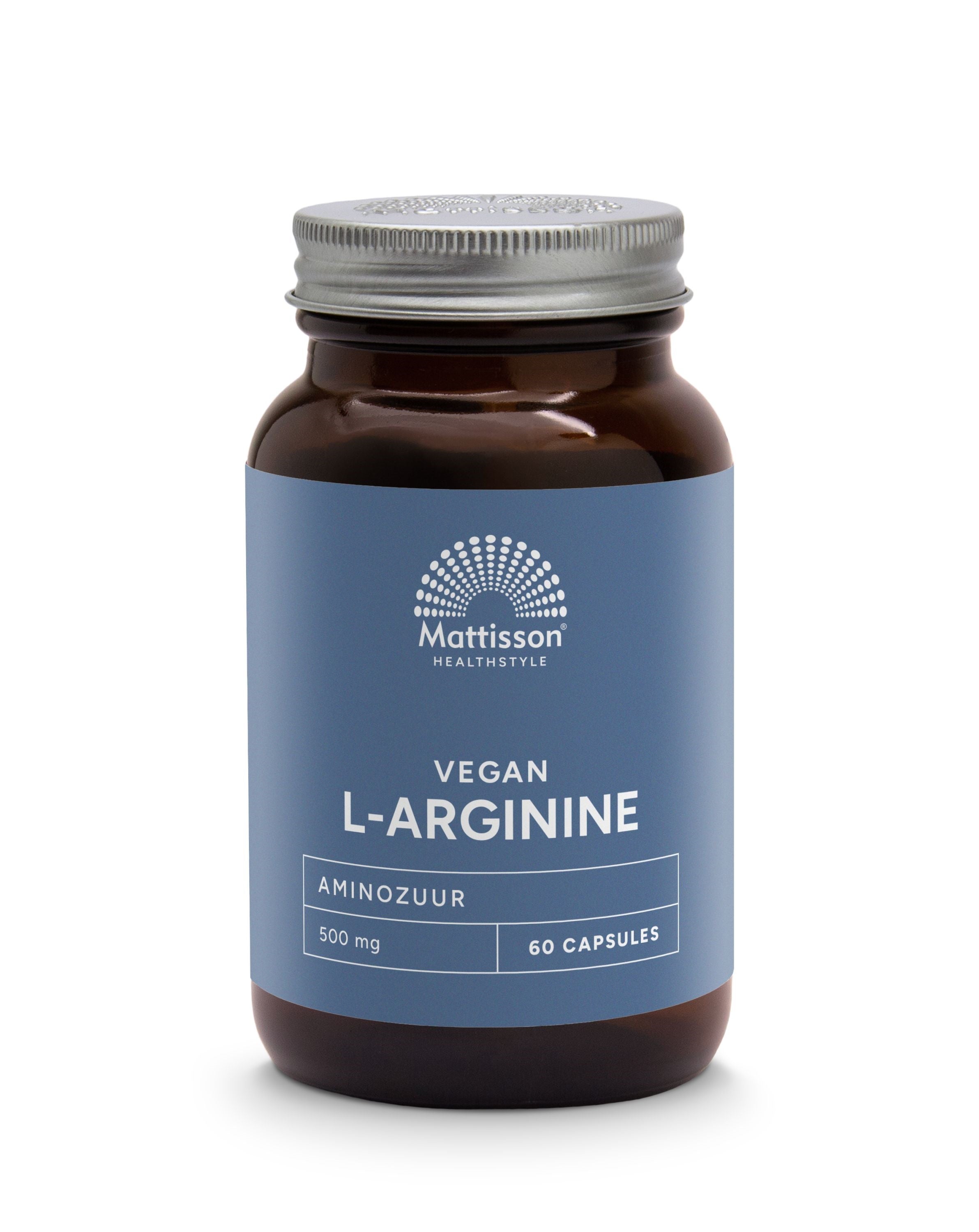 Mattisson L-Arginine 500mg vegetarian capsules, close-up of the supplement bottle and capsules.