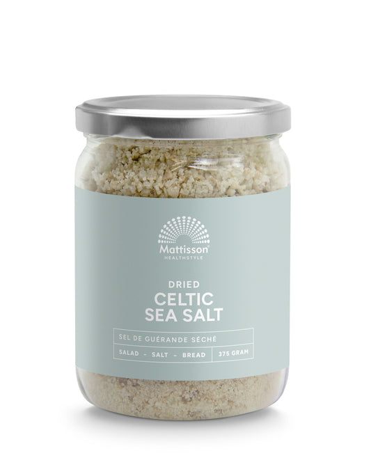 Mattisson Celtic sea salt dried in a 375g package, natural seasoning with coarse grains, ideal for cooking and finishing dishes.