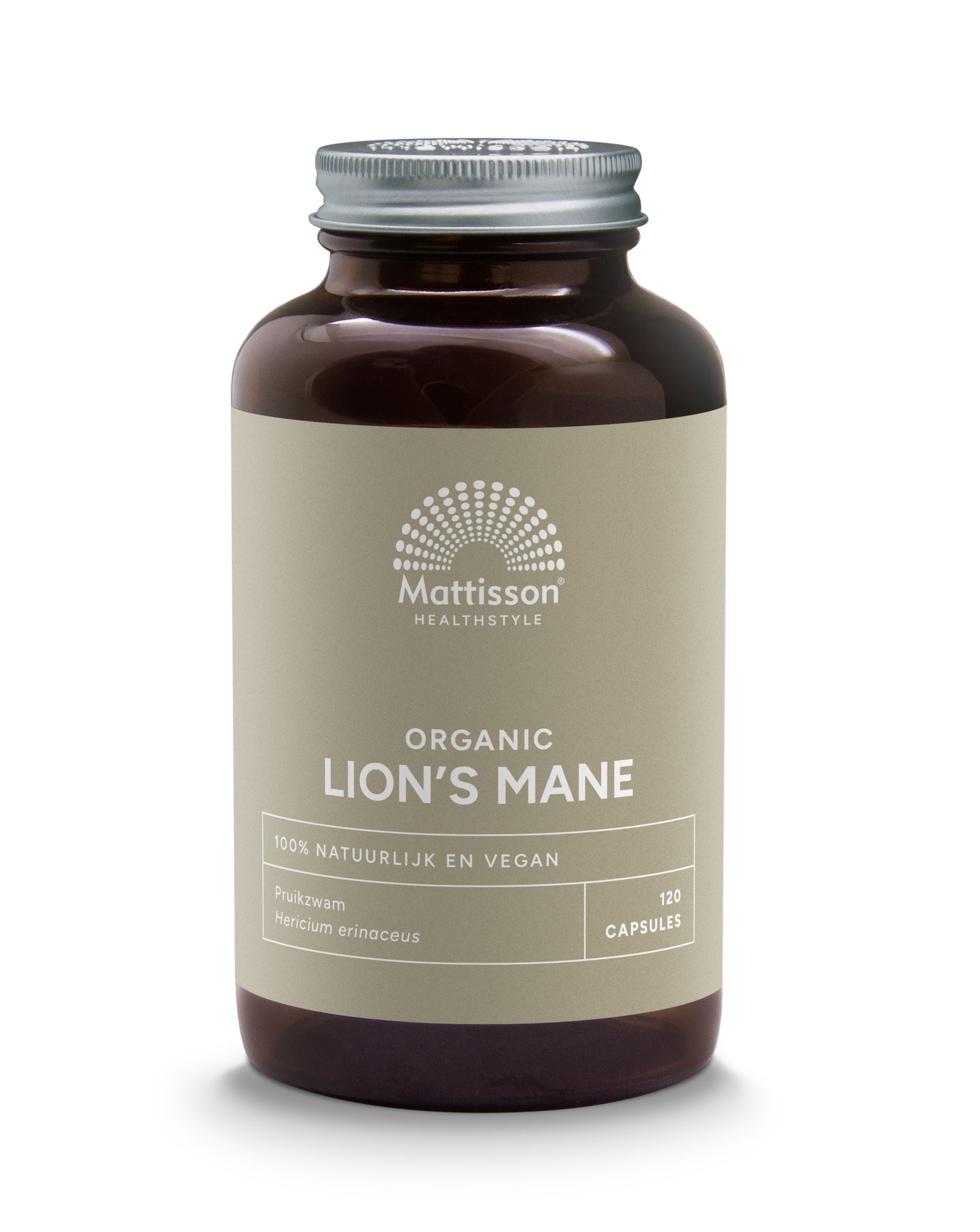Mattisson Lion's Mane 500mg vegetarian capsules, herbal supplement in a clear bottle with capsules visible inside.