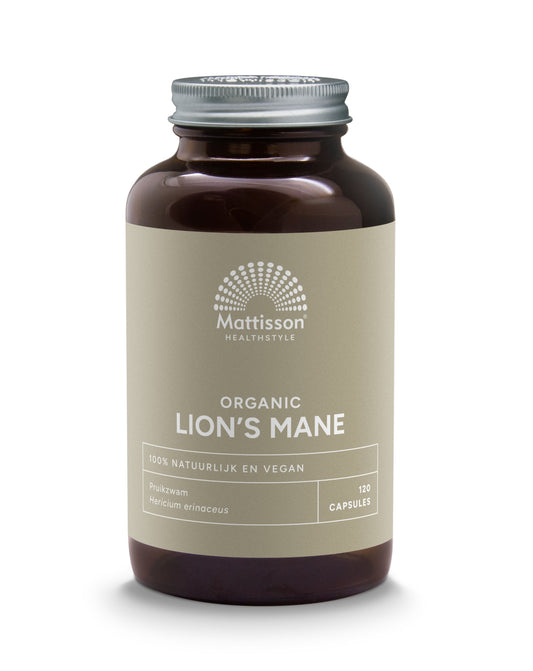 Mattisson Lion's Mane 500mg vegetarian capsules, herbal supplement in a clear bottle with capsules visible inside.