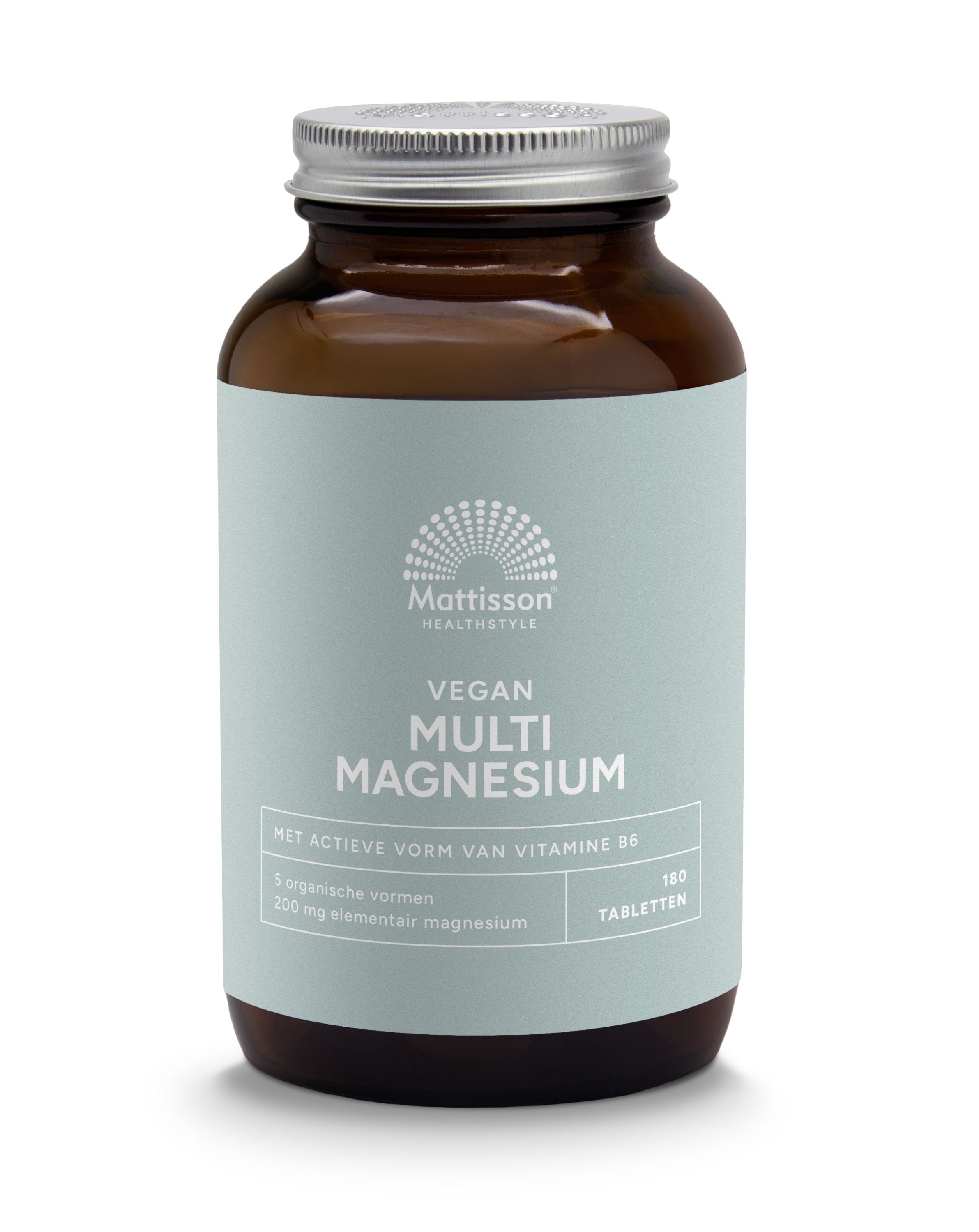 Vegan Mattisson Multi Magnesium Complex 200mg tablets in a bottle, dietary supplement for muscle and nerve support.