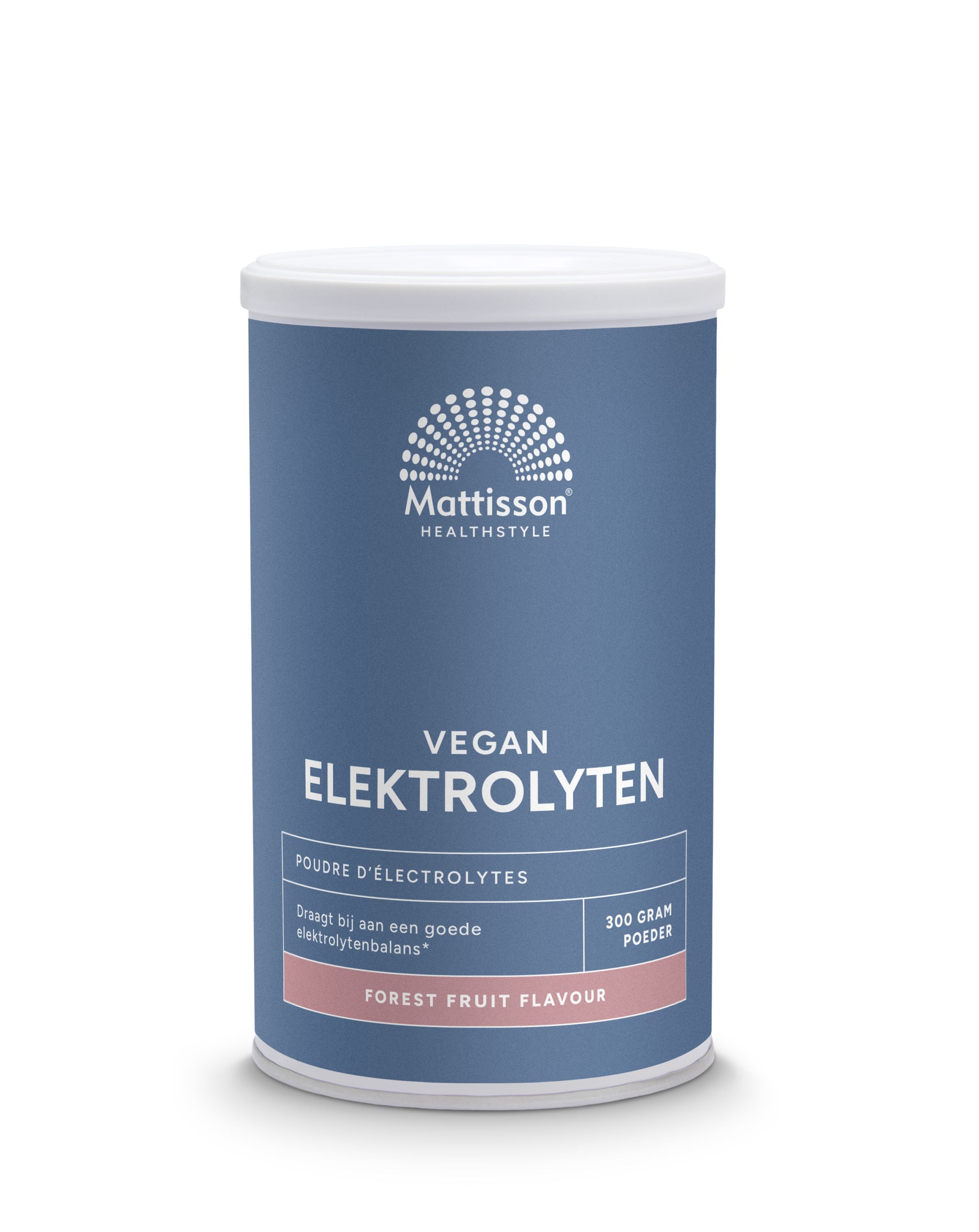 Mattisson Elektrolyten poeder in forest fruit flavor, 300g jar, raw superfood supplement with colorful fruit powder inside.
