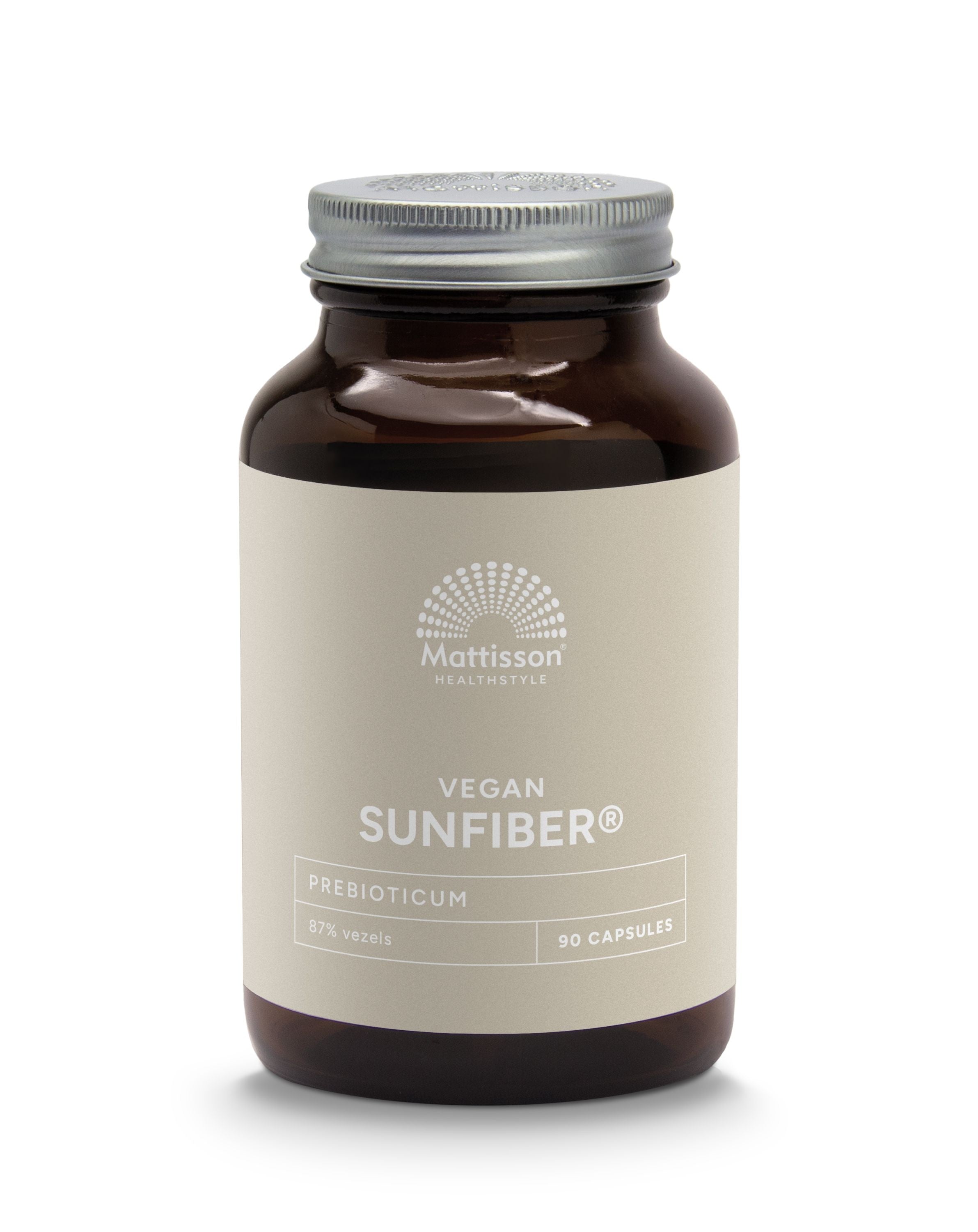 Mattisson Sunfiber vegan capsules, herbal supplement in a clear bottle with white cap, showing 90 capsules inside.