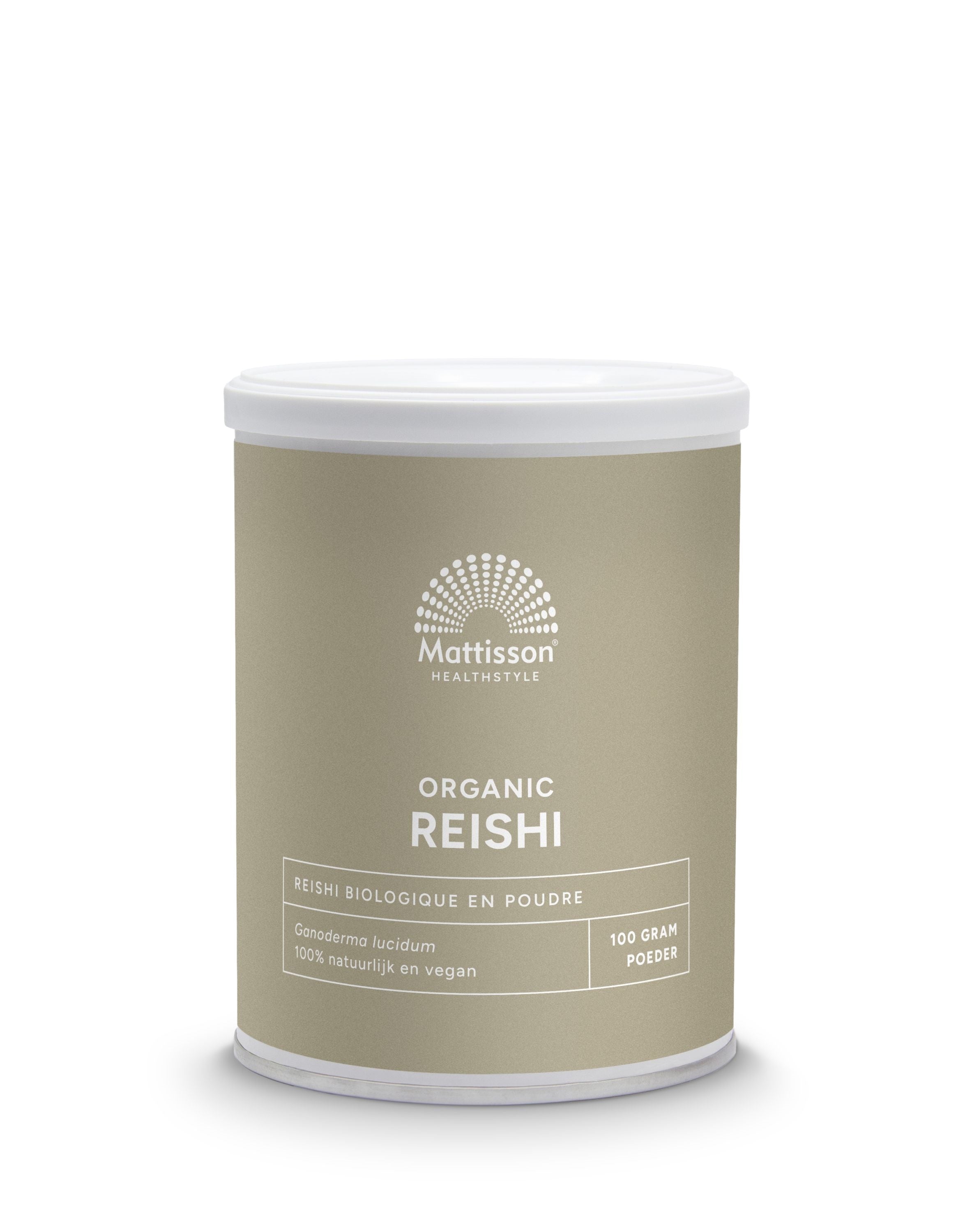 Organic reishi mushroom powder from Mattisson in a 100g package, showing the fine, brownish powder of herbal supplement.