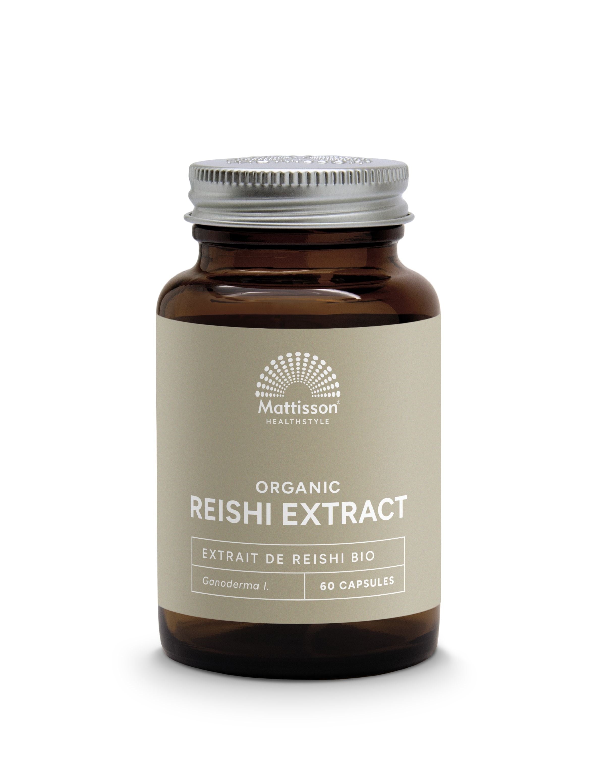 Organic Mattisson Reishi extract capsules, 400mg, in a bottle of 60, herbal supplement for immune support.