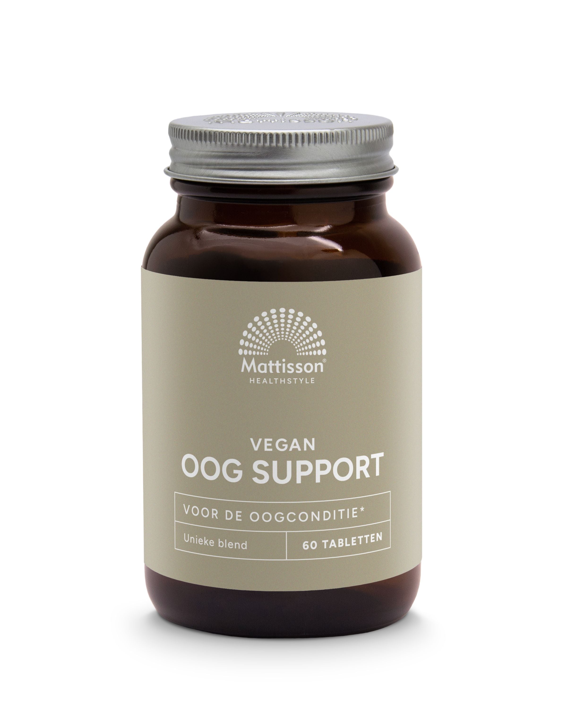 Mattisson Vegan Oog Support herbal supplement tablets in a bottle, natural herbal kruidenpreparaten for eye health.