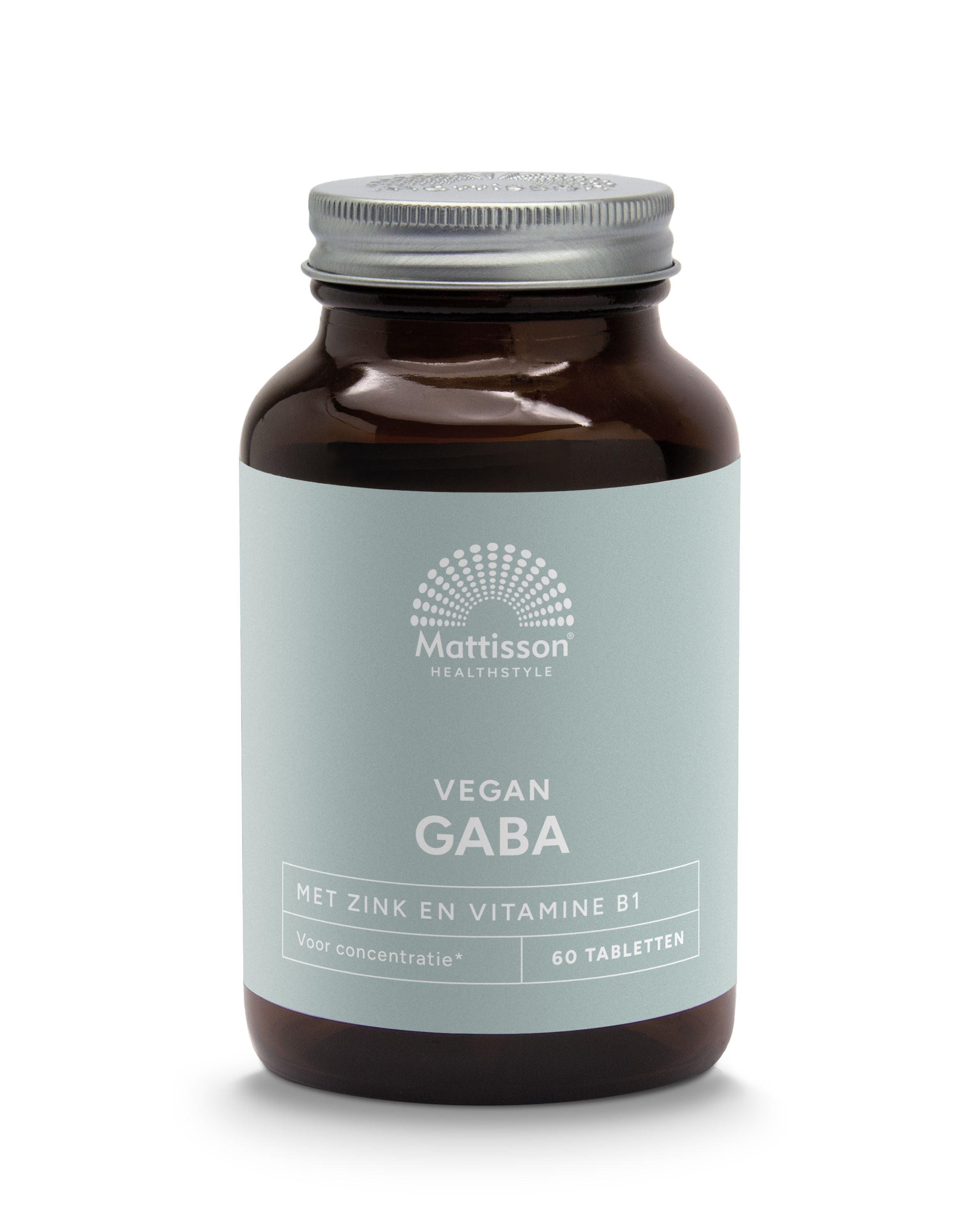 Mattisson Gaba 1000mg amino acid tablets in a bottle, dietary supplement, with 60 tablets for muscle support and relaxation.