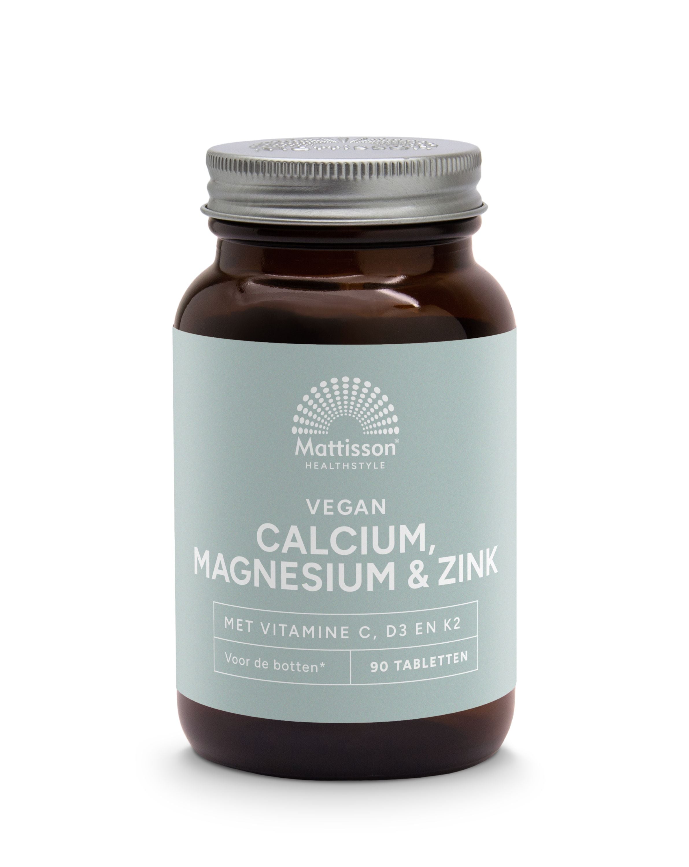 Mattisson Calcium, Magnesium, and Zinc mineral tablets, 90-count, natural supplement for bone health and mineral support.