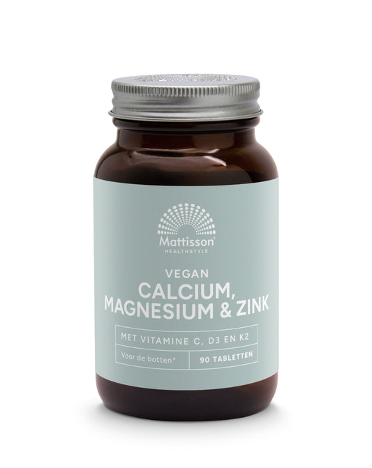 Mattisson Calcium, Magnesium, and Zinc mineral tablets, 90-count, natural supplement for bone health and mineral support.