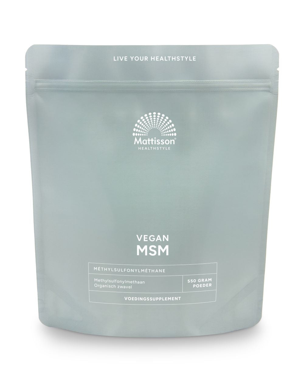 Mattisson Vegan MSM powder in a 550g container, showcasing the pure mineral supplement with a white powder texture.