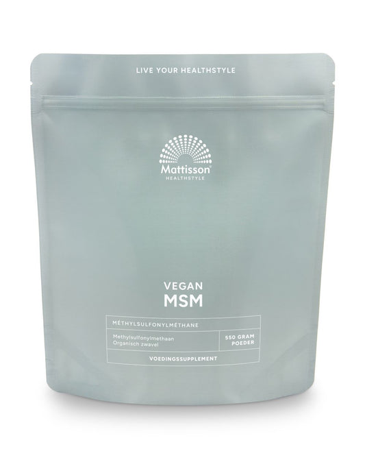 Mattisson Vegan MSM powder in a 550g container, showcasing the pure mineral supplement with a white powder texture.