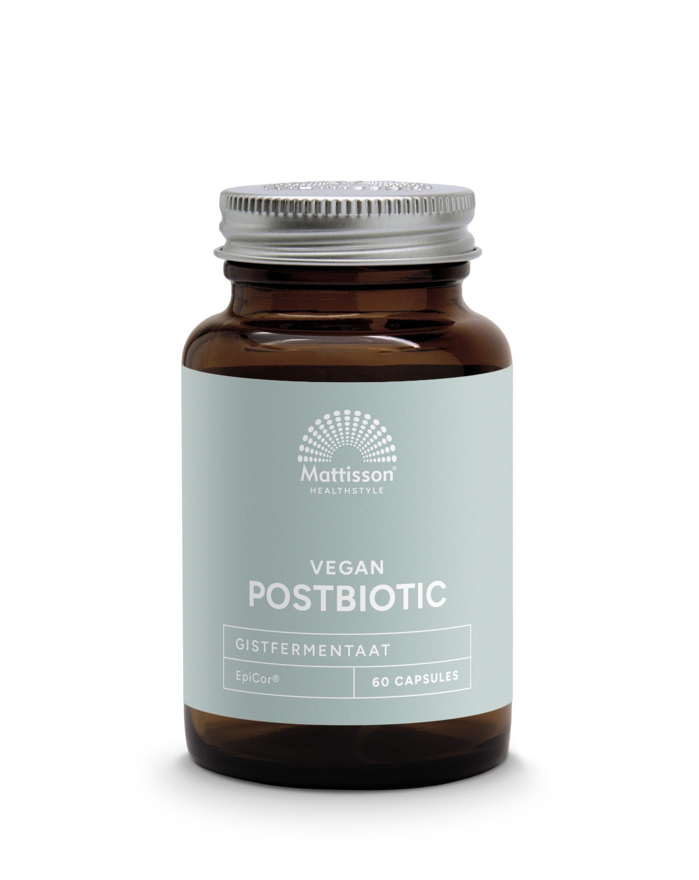 Mattisson Vegan Postbiotic EpiCor 500mg capsules containing micro-organisms for gut health, displayed in a bottle.