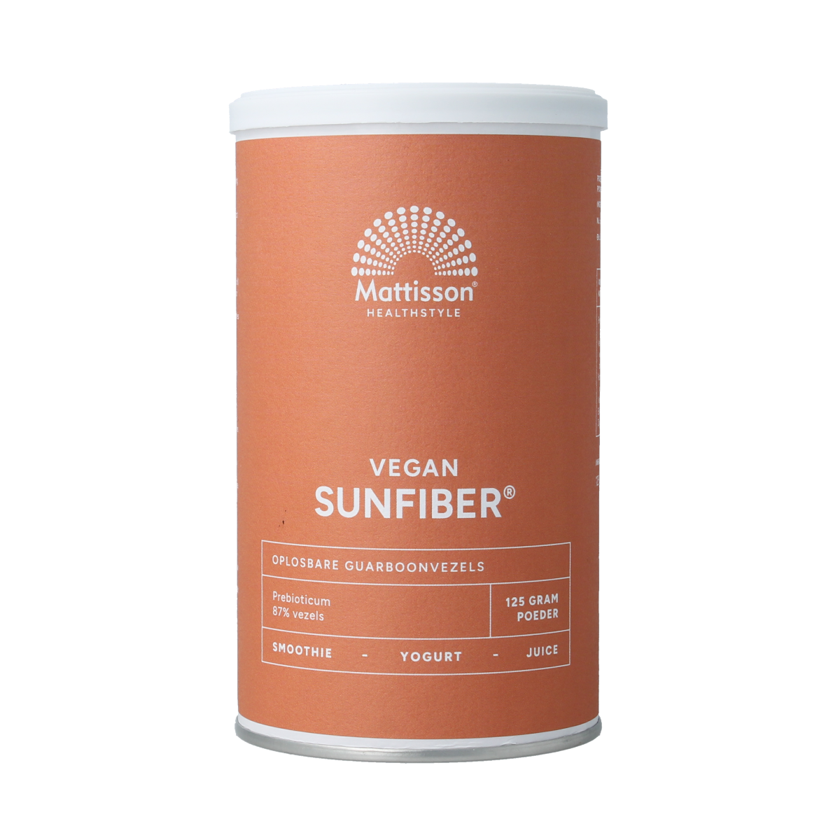 Vegan Mattisson Sunfiber guarboonvezels in a 125g package, gluten-free dietary supplement for digestion and fiber intake.