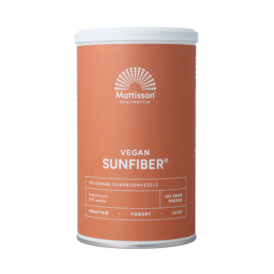 Vegan Mattisson Sunfiber guarboonvezels in a 125g package, gluten-free dietary supplement for digestion and fiber intake.